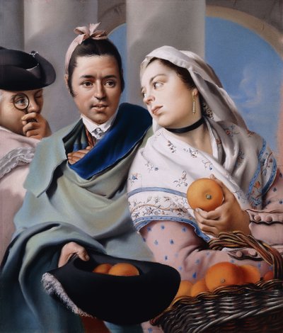 Een Meisje in een roze Jurk en witte Sjaal die Sinaasappels aanbiedt aan een Heer in een groene Cape met een Driekantige Hoed, geobserveerd door een Heer met een Monocle door Lorenzo Baldissera Tiepolo