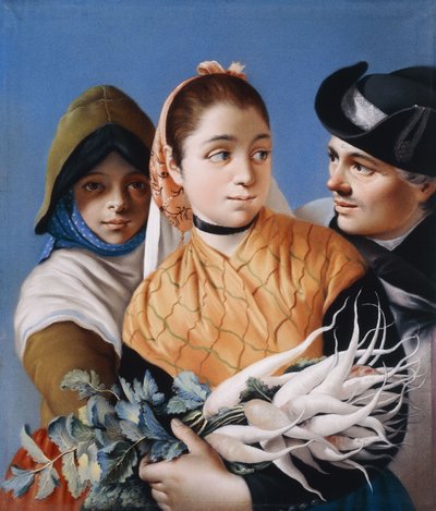 Een Meisje in een Oranje Sjaal met Rapen, een Meisje in een groene Hoed en Jurk en een Heer in een zwarte Driekantige Hoed door Lorenzo Baldissera Tiepolo
