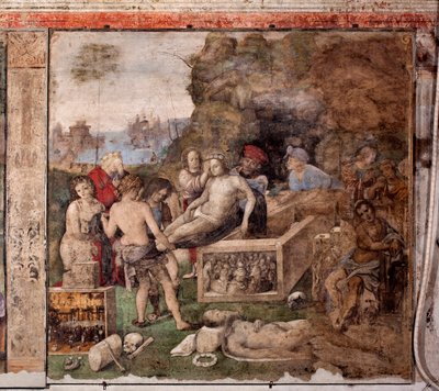Leven van St. Cecilia: Begrafenis van St. Valerian en St. Tiburtius door Lorenzo Costa