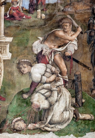 Leven van St. Cecilia: Martelaarschap van St. Valerianus en Tiburtius (detail) door Lorenzo Costa