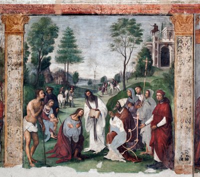 Leven van St. Cecilia: Urbanus I nodigt Valerianus uit om zich te bekeren door Lorenzo Costa