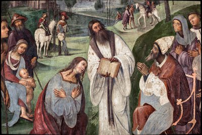 Leven van St. Cecilia: Urbanus I nodigt Valerianus uit om zich te bekeren (detail) door Lorenzo Costa