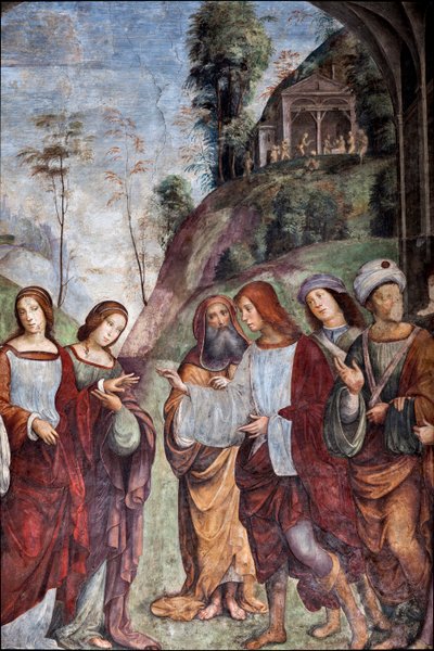 Leven van St. Cecilia: Huwelijk van St. Cecilia en Valerian (detail) door Lorenzo Costa