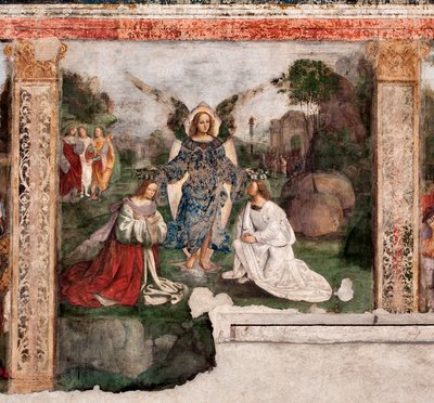 Leven van St. Cecilia: de heilige en St. Valeriaan gekroond door een engel door Lorenzo Costa