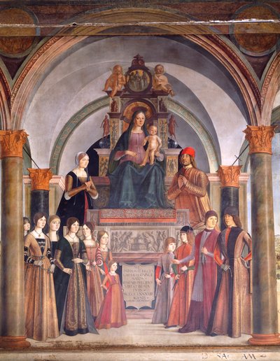 Madonna en kind met engelen door Lorenzo Costa, Bentivoglio-kapel in de kerk van San Giacomo Maggiore, Bologna, Italië door Lorenzo Costa