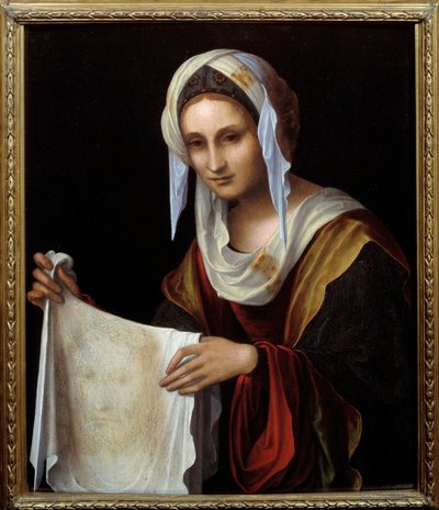 Heilige Veronica. Het Heilige Doek toont het gezicht van Christus door Lorenzo Costa