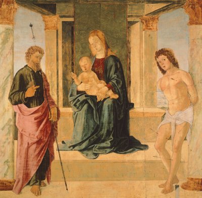 Maagd en Kind op de Troon, met St. Jacobus en St. Sebastian door Lorenzo Costa