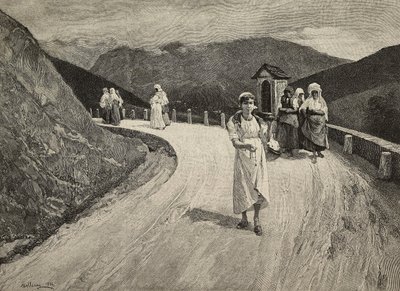 Op de Heilige Weg, vrouwelijke pelgrim die langs het pad loopt, Brera, Verenigde Tentoonstellingen, Milaan, Italië, gravure door F Cantagalli naar schilderij van Lorenzo Delleani (1840-1908) uit L