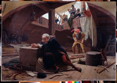 De ontdekkingsreiziger en navigator Christoffel Columbus (1451-1506) keert terug van zijn derde reis en is geketend in het vrachtruim door Lorenzo Delleani