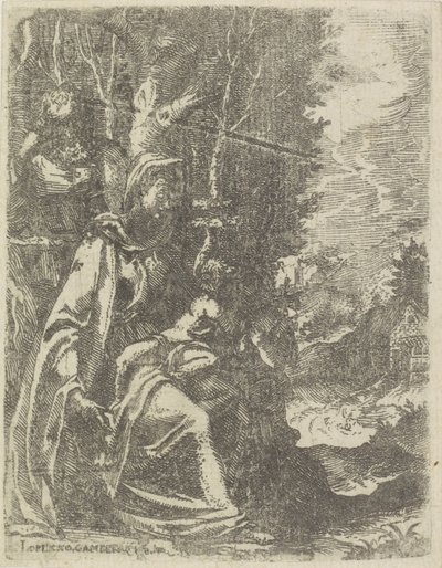 Heilige Familie met de jonge Johannes de Doper in een landschap door Lorenzo Gamberati