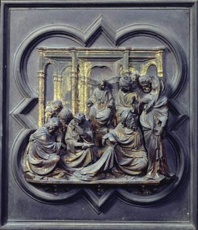 Christus tussen de Doktoren, vierde paneel van de Noorddeuren van het Baptisterium van San Giovanni, 1403-24 (brons) door Lorenzo Ghiberti