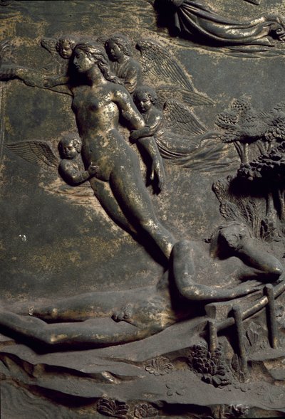 Schepping van Eva uit de rib van Adam. Detail van de Oriëntaalse Deur genaamd Paradijs, houtsnijwerk door Lorenzo Ghiberti