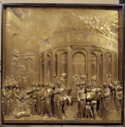 Geschiedenis van het leven van Jozef. De oogst van het graan: de boeren brengen de zakken graan. Origineel paneel van de deur van het Paradijs door Lorenzo Ghiberti
