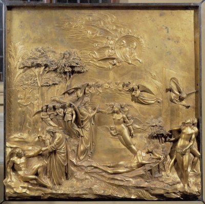Geschiedenis van het leven van Adam: de geboorte van Adam, de schepping van Eva en Adam en Eva worden uit het Paradijs verdreven. Origineel paneel van de deur van het Paradijs door Lorenzo Ghiberti