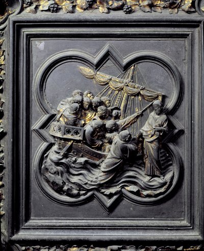 Jezus loopt op water en redt Petrus, achtste paneel van de Noorddeuren van het Baptisterium van San Giovanni, 1403-24 door Lorenzo Ghiberti