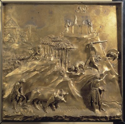 Leven van Kaïn en Abel: het offer, de moord op Abel en God die Kaïn verbant. Origineel paneel van de deur van het Paradijs door Lorenzo Ghiberti