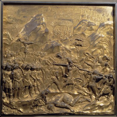 Leven van David en Goliath: een voorstelling van de strijd tussen de Israëlieten en Filistijnen en de onthoofding van reus Goliath in de vallei van Ela door Lorenzo Ghiberti