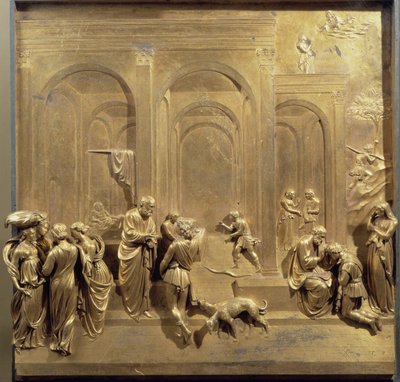 Leven van Jakob en Esau: Esau verkoopt zijn eerstgeboorterecht en Isaak zegent Jakob. Origineel paneel van de deur van het Paradijs door Lorenzo Ghiberti