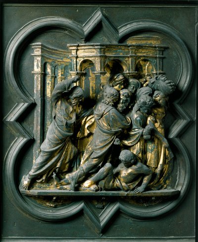 Noordpoort (genoemd Poort van het Kruis, in het noorden), buitendetail: Jezus verjaagt de handelaars uit de tempel door Lorenzo Ghiberti