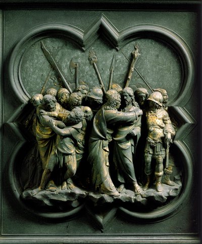 Noordpoort (genaamd Poort van het Kruis, in het noorden), exterieur detail: De Kus van Judas, bronzen sculptuur gemaakt door Lorenzo Ghiberti door Lorenzo Ghiberti