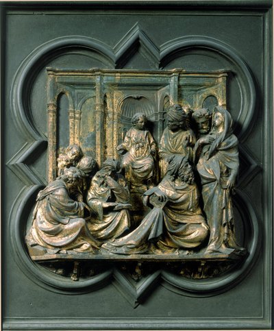 Noordpoort (genoemd Poort van het Kruis, naar het noorden), exterieur detail: Jezus tussen de dokters. Bronzen sculptuur gemaakt door Lorenzo Ghiberti door Lorenzo Ghiberti