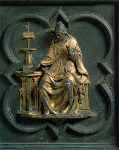Noordpoort (genoemd Poort van het Kruis, noord), exterieur detail: Sint Gregorius de Grote. Bronzen sculptuur gemaakt door Lorenzo Ghiberti door Lorenzo Ghiberti