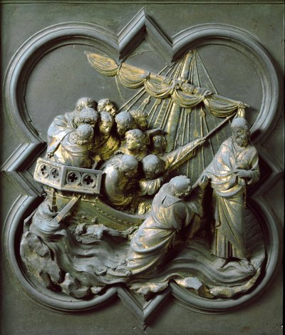 Noordpoort (genoemd Poort van het Kruis, in het noorden), buitendetail: Christus loopt op water door Lorenzo Ghiberti