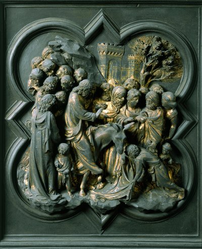 Noordpoort (genoemd de Poort van het Kruis, in het Noorden), exterieur detail: de ingang van Jeruzalem, bronzen sculptuur gemaakt door Lorenzo Ghiberti door Lorenzo Ghiberti
