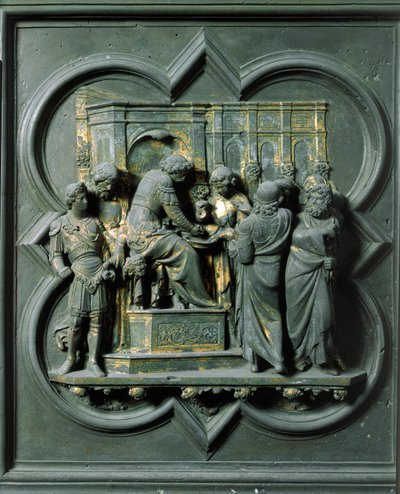 Noordpoort (genoemd Poort van het Kruis, in het noorden), buitendetail: Christus voor Pontius Pilatus door Lorenzo Ghiberti