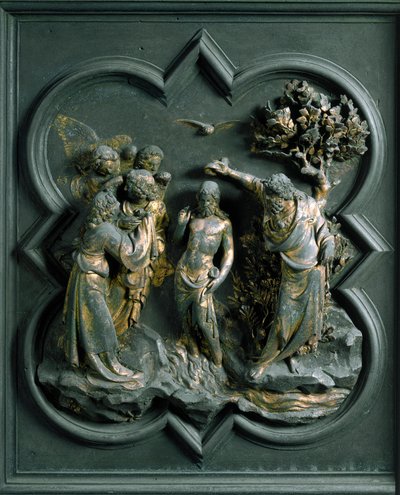 Noordpoort (genoemd Poort van het Kruis, in het noorden), exterieur detail: "De doop van Christus" Bronzen sculptuur gemaakt door Lorenzo Ghiberti door Lorenzo Ghiberti