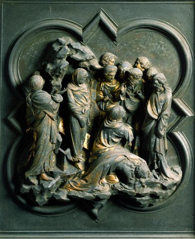Noordpoort (ook wel Kruispoort genoemd, in het noorden), exterieur detail: de opstanding van Lazarus. Bronzen sculptuur gemaakt door Lorenzo Ghiberti door Lorenzo Ghiberti