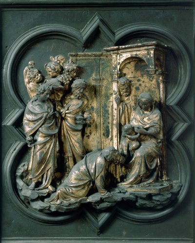 Noordpoort (genaamd Kruispoort, naar het noorden), exterieur detail: Aanbidding der Wijzen. Bronzen sculptuur gemaakt door Lorenzo Ghiberti door Lorenzo Ghiberti
