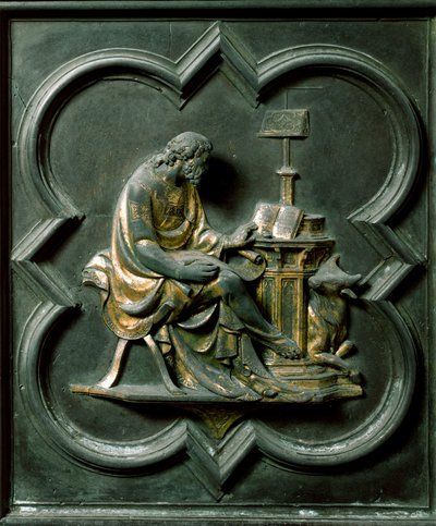 Noordpoort (genaamd Kruispoort, naar het noorden), exterieur detail: Sint Lucas evangelist. Bronzen sculptuur gemaakt door Lorenzo Ghiberti door Lorenzo Ghiberti