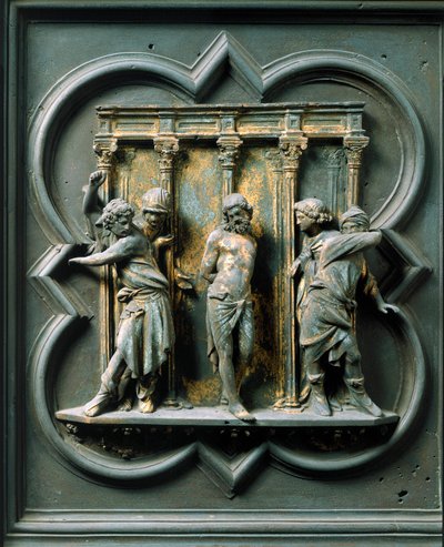 Noordpoort (genoemd Poort van het Kruis, in het noorden), buitendetail: de geseling door Lorenzo Ghiberti