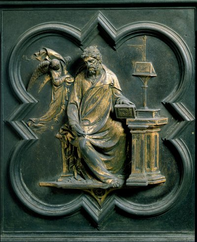 Noordpoort (genoemd Poort van het Kruis, naar het noorden), exterieur detail: Sint Mattheüs. Bronzen sculptuur gemaakt door Lorenzo Ghiberti door Lorenzo Ghiberti
