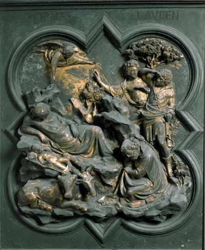Noordpoort (ook wel Kruispoort genoemd, in het noorden), exterieur detail: de geboorte. Bronzen sculptuur gemaakt door Lorenzo Ghiberti door Lorenzo Ghiberti