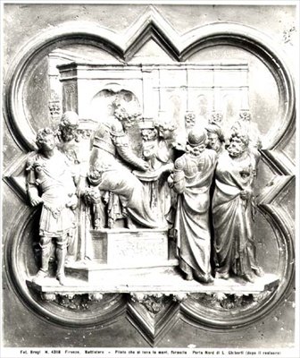 Pontius Pilatus wast zijn handen, reliëf van de doopvontdeuren, ca. 1403 door Lorenzo Ghiberti