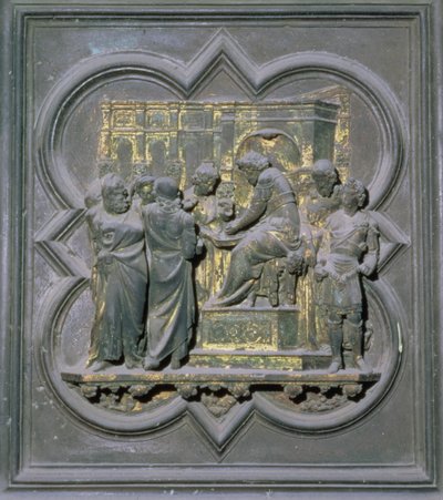 Pontius Pilatus wast zijn handen voor Christus, zestiende paneel van de Noorddeuren van het Baptisterium van San Giovanni, 1403-24 door Lorenzo Ghiberti