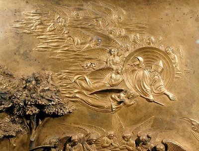 Het verhaal van Adam (detail van God de Vader met engelen) door Lorenzo Ghiberti