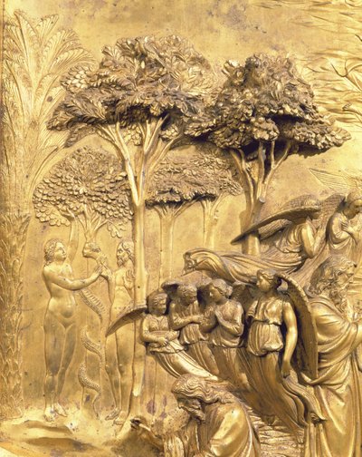 Het Verhaal van Adam, detail van De Verleiding van Adam en Eva, van een van de originele panelen van de Oostdeuren van de Doopkapel (post restauratie) door Lorenzo Ghiberti