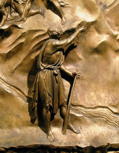 Het verhaal van Kaïn en Abel, detail van Kaïn, origineel paneel van de Oostdeuren van de Doopkapel door Lorenzo Ghiberti