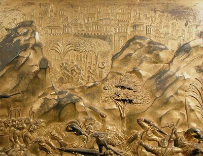 Het verhaal van David en Goliath, achtergrond detail van het originele paneel van de Oostdeuren van de Doopkapel door Lorenzo Ghiberti