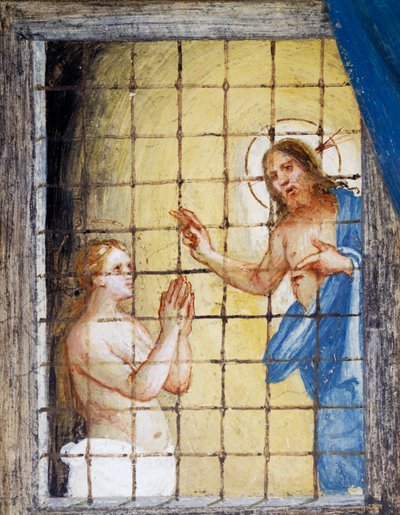 Christus bezoekt Sint Barbara in de gevangenis en geneest haar, detail uit Verhalen van Sint Barbara door Lorenzo Lotto