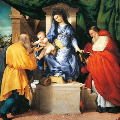 Madonna en kind met heiligen Giuseppe en Hiëronymus door Lorenzo Lotto