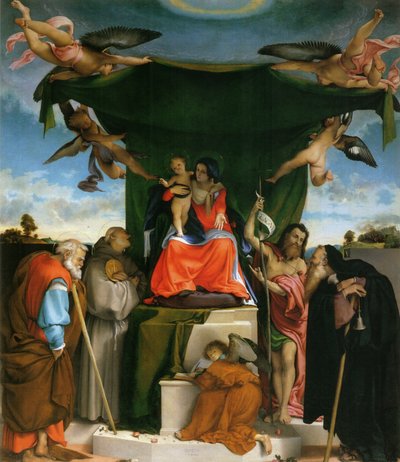 Duits: Thronende Madonna, Engel und Heilige Tronende Madonna met kind, engelen en heiligen door Lorenzo Lotto