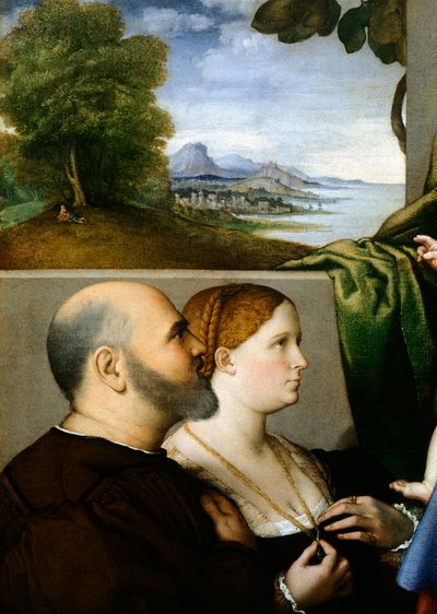 Madonna en kind met twee schenkers, door Lorenzo Lotto (ca. 1480-1556), detail door Lorenzo Lotto