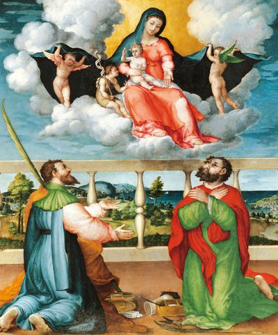 Madonna in glorie met heiligen Cosmas en Damian in aanbidding door Lorenzo Lotto