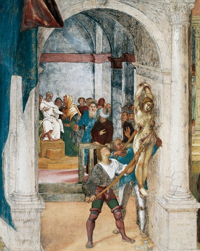 Martelaarschap van St. Barbara (detail) van Christus-Wijnstok en Legende van Sint Barbara door Lorenzo Lotto (circa 1480 - 1556), fresco, Villa Suardi, Capella Suardi, Trescore Balneario door Lorenzo Lotto