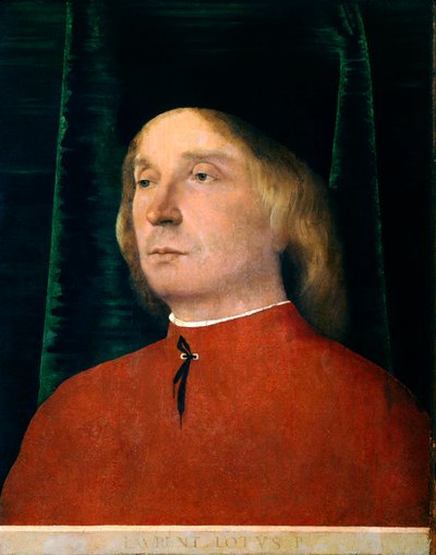 Portret van een jonge man in rood pak door Lorenzo Lotto