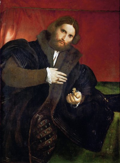 Portret van een man met een gouden dierklauw (Leonino Brembate) door Lorenzo Lotto